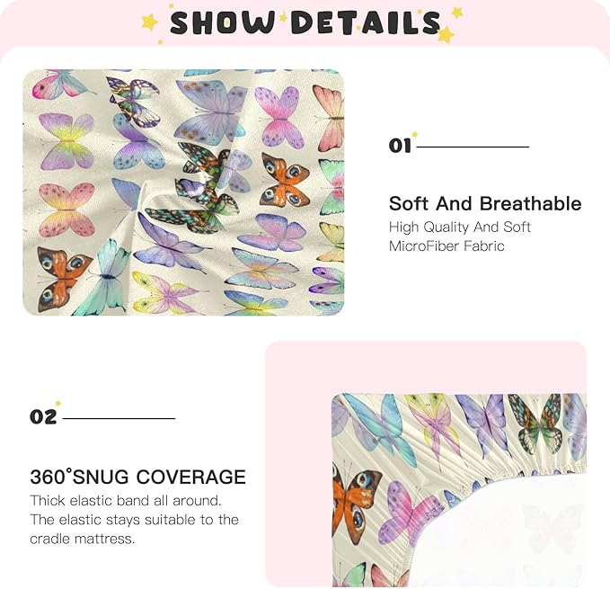 Retro Butterflies Colorful Crib Sheets for Boys and Girls, Fitted Baby Crib Sheets Soft and Breathable Mini Crib Sheets 52 X 28 Inches