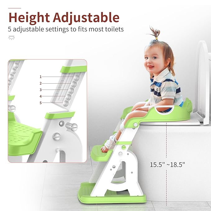 Potty Training Seat, Upgrade 2 in 1 Potty Training Toilet for Toddler, Toddler Toilet Seat for Boys Girls with Splash Guard, Anti-Slip Pad and Step Stool (Green)