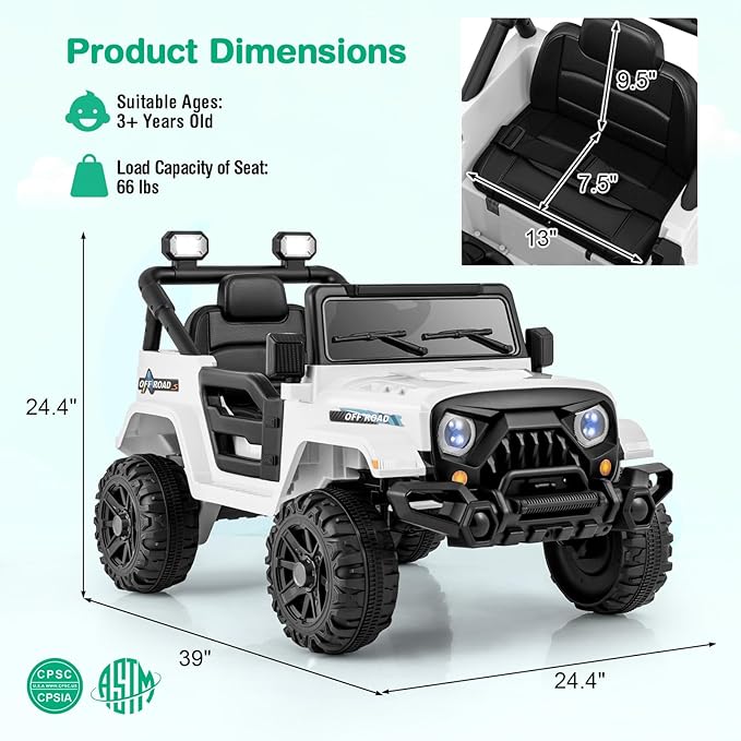 Costzon 12V Kids Ride on Truck Car, Electric Vehicle w/Remote Control, Threaded Wheels, 3 Speeds, LED Lights, Music, Horn & Wireless Connection, Battery Powered Ride on Toy for Boys & Girls 3+ (White)