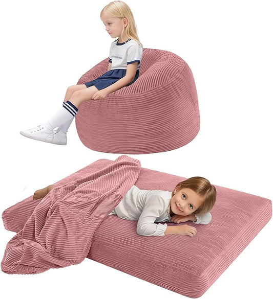 COMAX Kids Bean Bag Chair Turn into Beanbag Bed, Toddler Bean Chair Corduroy for Girl Boy Sleeping, Lazy Children Bean Bags with Filler, Convertible Child Floor Mattress, Light Pink