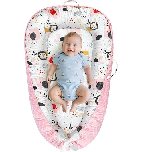 Baby Lounger - Baby Lounger for Newborn 0-24 Months, Breathable and Soft Cotton Cover Baby Nest, Portable Cozy Tummy Time Lounger for Home and Travel, Ideal Baby Essentials & Shower Gifts
