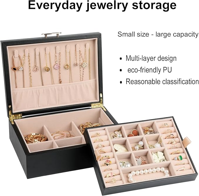 Small Jewelry Organizer for Women, 2-Layer Travel Jewelry Box with Portable Case, Necklace Ring Storage for Dresser, Girls Teens Gifts (Black)