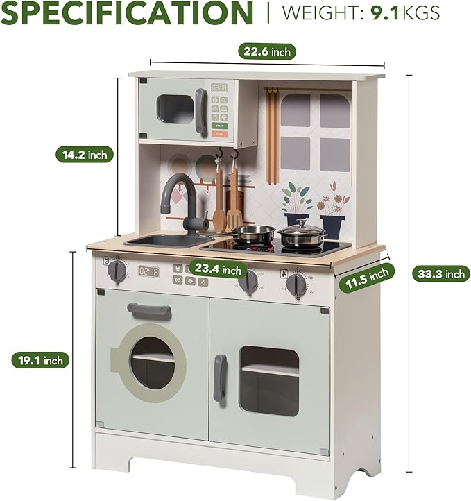 ROBOTIME Play Kitchen Set for Kids Toddlers, Wooden Kids Play Kitchen Playset with Real Lights & Sounds, Pretend Toddler Kitchen Gift for Girls Boys Age 3+