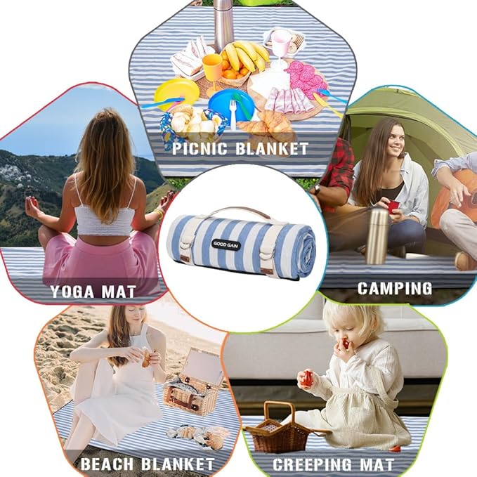 Picnic Outdoor Blankets Waterproof Extra Large - Beach Mat Sand Free Foldable with Carry Strap | Portable Camping Blanket | Park Blanket for Grass , Hiking, Travel, Concerts, Indoor (Cerulean Blue)
