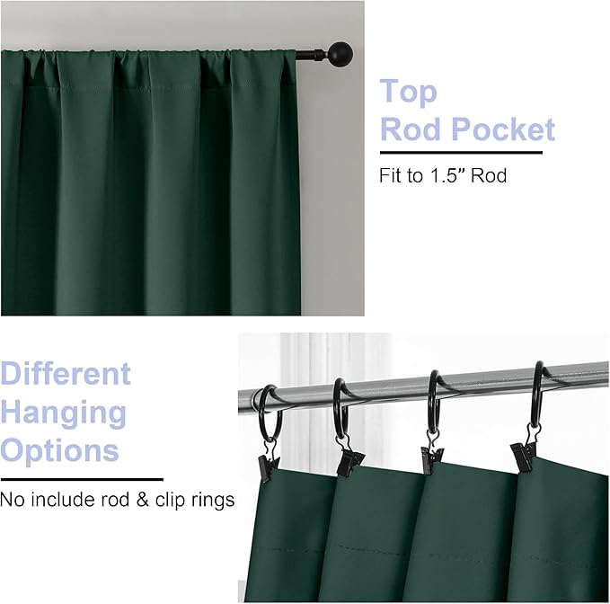 Simplebrand Ava Ever Green Short Blackout Curtains for Bedroom 54 Inches Long 2 Panels Set, Solid Thermal Insulated, Energy Saving Window Treatment Curtains Blackout Drapes, W40 x L54 Inch, Ever Green