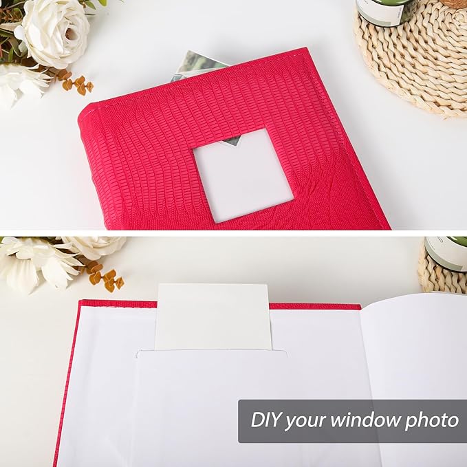 RECUTMS 4x6 Photo Album with Memo Mini Photo Book Pack of 50 Sheets Hold 100 Photos, Leather Cover Picture Album with Window for Memories Couple Valentines Baby Wedding Family (Pink)