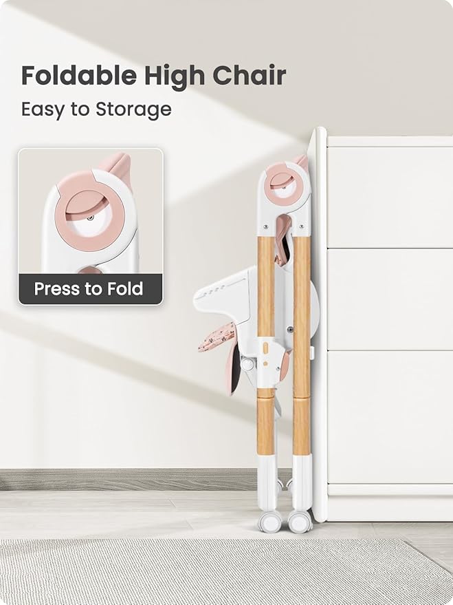 Foldable High Chair with Soft Cushion, High Chairs for Babies and Toddlers, Height Adjustable Feeding Chair, Adjustable Backrest and Footrest, Lockable Wheels, Woodgrain Star Pink