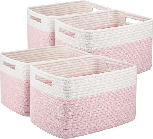 OIAHOMY 4 Pack Storage Baskets for Organizing, Basket for Shelves with Handle, Woven Baskets for Storage Toys, Towels, Books, Cotton Rope Basket 13" L x 9 " W x 7.8 " H, Pink & White