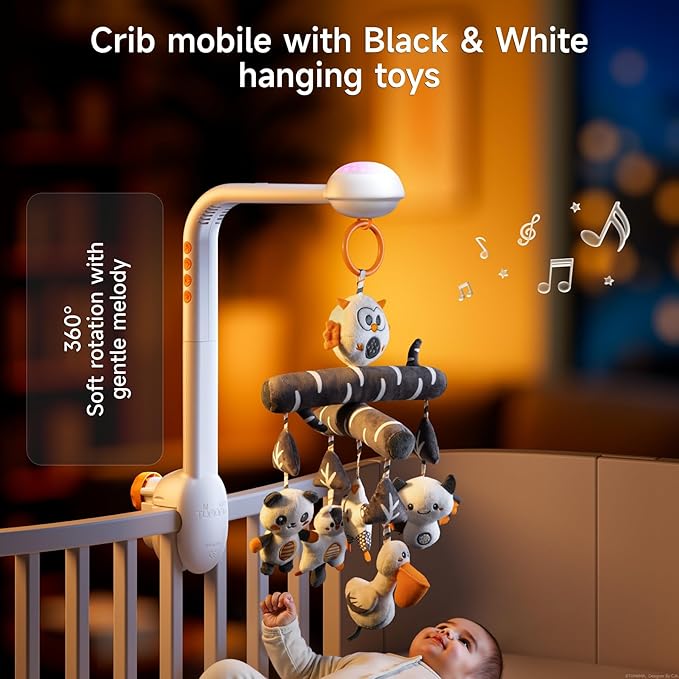 TUMAMA Baby Crib Mobile, High Contrast Baby Crib Toy with Projection Night Light, Music and White Noise, Soft Plush Animal Black and White Hanging Toy for Infant 0 3 6 9 Months Newborn Gift