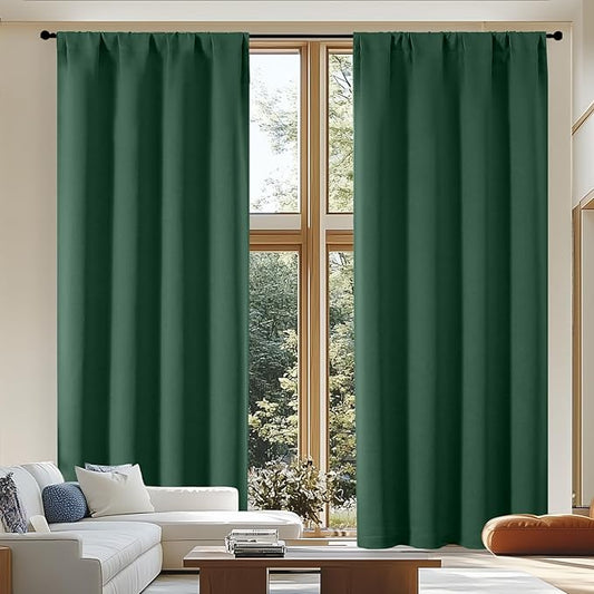 Simplebrand Ava Blackout Curtains for Patio 108 Inches Long 2 Panels Set, Solid Thermal Insulated Room Darkening Rod Pocket Window Treatment Curtains Blackout Drapes, W50 x L108 Inch, Ever Green