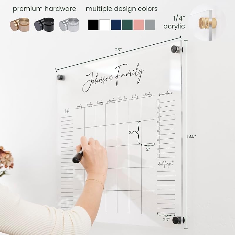 Personalized Clear Acrylic Calendar for Wall, Calendar Whiteboard for Wall, Dry Erase Wall Calendar, Wall Calendar Organizer System for Home (Cursive, White, 23"W x18.5"H)