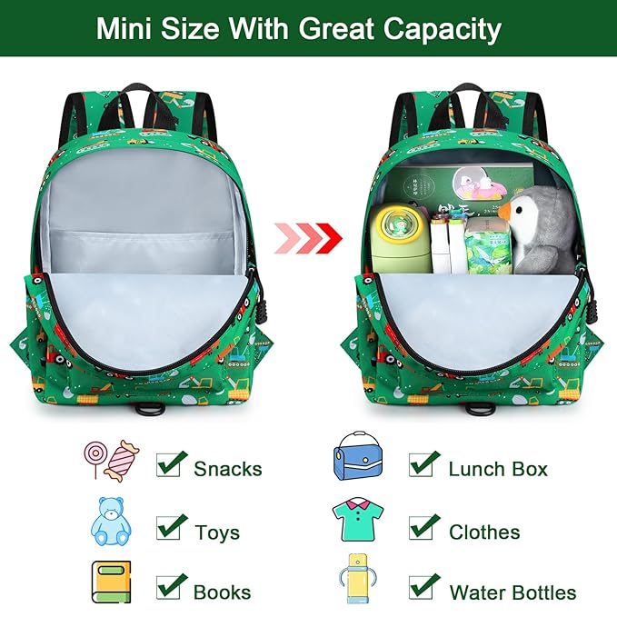 Accmor Toddler Backpack with Leash, Cute Baby Backpack with Anti Lost Wrist Link, Mini Kids Backpack Leash Walking Harness for Travel, Small Excavator Backpack Tether for Boys Girls Ages 1-3 (Green)