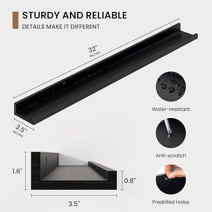 Picture Ledge Shelf, Solid Pine Wood Floating Shelves Set of 2, 32 Inches Nursery Book Shelves for Toys Storage, Kids Bookshelf Wall Mounted for Living Room Bedroom Decor Books Photo Frames, Black