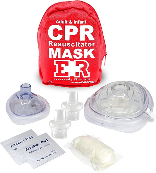 Adult and Infant CPR Mask Combo Kit – Includes 2 CPR Masks with One-Way Valves, Pair of Vinyl Gloves, 2 Alcohol Prep Pads – Portable Emergency CPR Kit – Red