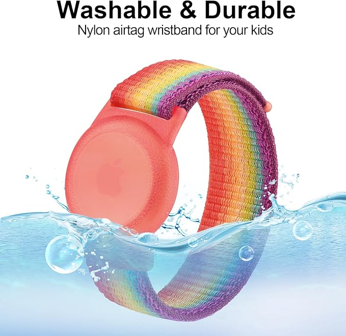 Kids Wristband Protective Case Compatible with Apple AirTag, Adjustable Nylon Bracelet for Air Tag GPS Tracker Holder with Anti Lost Watchband for Toddler Child Kids (Rainbow)