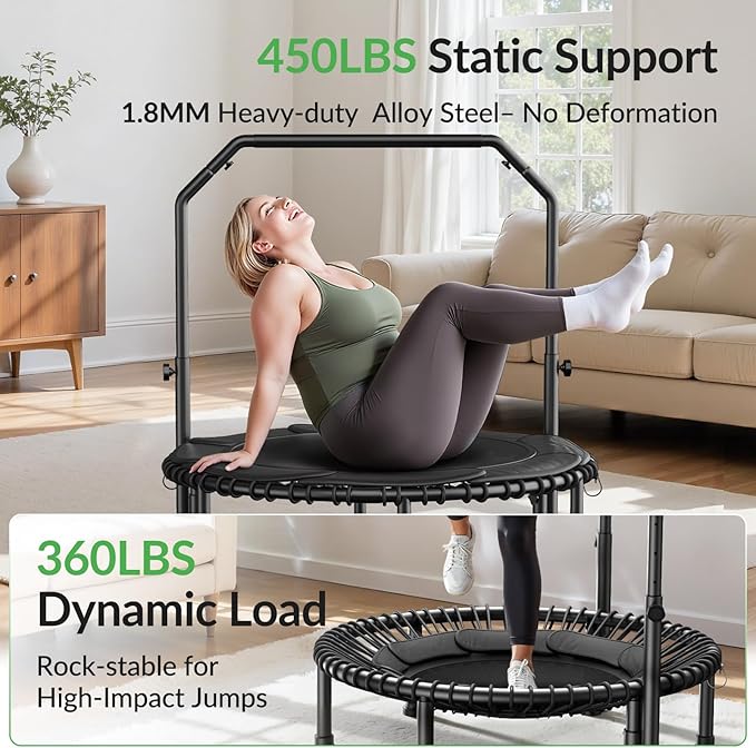 BCAN 40"/48" Mini Rebounder Trampoline for Adults with Bar, 450/550LBS Fitness Trampoline with Bungees, Adjustable Handle, Stable & Quiet, Indoor Outdoor, Whole-Body Workout & Relaxation at Home