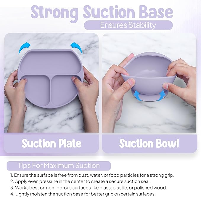 O'doe 17-Piece BPA-Free Silicone Baby Feeding Set | Thick & Soft Suction Plates, Baby Bowls, Wooden Fork & Spoon, and More | Make Mealtime Fun and Easy for Your Little One (Purple, V2)