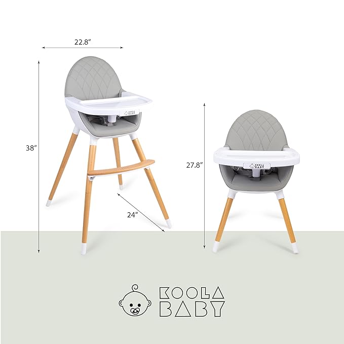 Convertible High Chair for Babies, Toddlers, Kids & Children - Wooden Highchair with Adjustable Height & Dishwasher Safe Tray - Wood Feeding & Dining Chair - Converts to Booster Seat - KoolaBaby