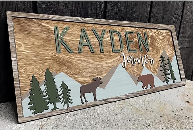 Personalized Wooden baby name sign for nursery, Woodland theme nursery, Animal for kids room decor, Custom name sign for boys, Door hanging gift/2