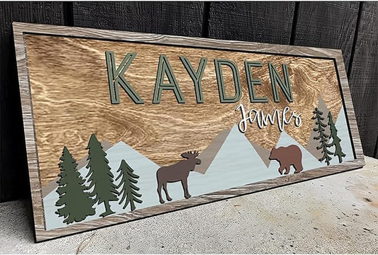 Personalized Wooden baby name sign for nursery, Woodland theme nursery, Animal for kids room decor, Custom name sign for boys, Door hanging gift/2