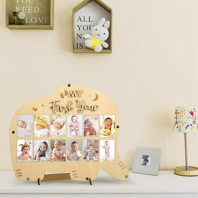 My First Year Picture Frame,One Year Of Photo Board, Baby's First Twelve Months Photo Collage and Gender Neutral Keepsake, Ideal for Baby Shower,New Mom Keepsake Gift and Nursery Decor - With Stand (Elephant sign)