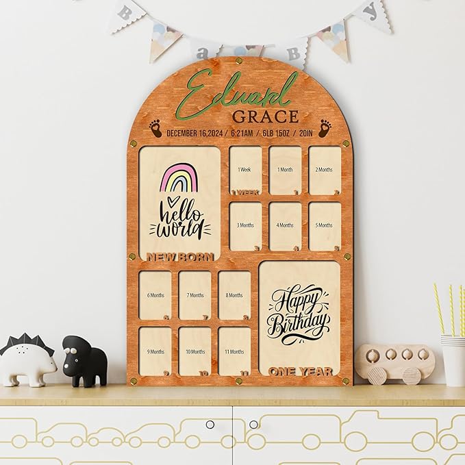 Personalized My First Year Photo Frame | 12 Months Picture Frame For Baby First Year | Displays Two 4x6 Photo and Twelve 2x3 Pictures | Birthday Party Decor Newborn Memory Keepsake, Rainbow