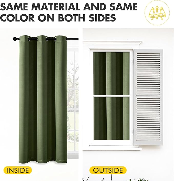 MIULEE Olive Green Blackout Curtains for Bedroom Living Room 72 Inches Long 2 Panels, Thermal Insulated Room Darkening Drapes Solid Grommet Top Noise Reducing Dark Green Window Curtains W40 x L72 Inch