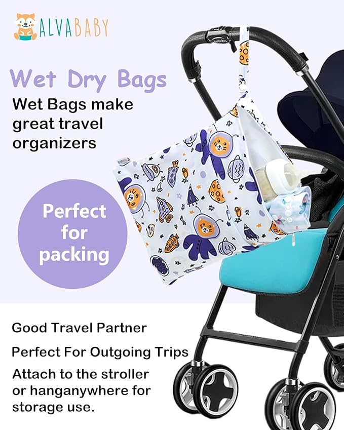 ALVABABY 3 Cloth Diaper Wet Dry Bags Waterproof Reusable with Two Zippered Pockets Travel Beach Pool Daycare Soiled Baby Items Yoga Gym Bag for Swimsuits or Wet Clothes Small Medium Large 3L-ZM28