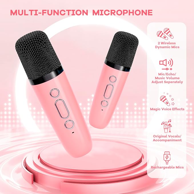 YLL Mini Karaoke Machine for Kids Adults, Portable Bluetooth Speaker with 2 Wireless Microphones, Most Popular Toys Birthday Gifts for Girls 4, 5, 6, 7, 8, 9, 10, 11, 12+ Years Old Toddler Teens（Rose）