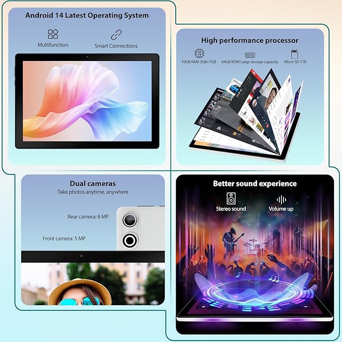 Tablet 10 inch Android 14, Octa-Core, 10GB RAM 64GB ROM 1TB Expandable, Widevine L1, 1280x800 IPS Touchscreen, BT 5.4, Dual Camera with Flash (White)