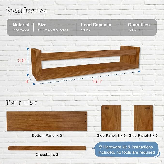 Walnut Brown Nursery Book Shelves Wall Mounted, Wooden Floating Bookshelf for Kids Room Bedroom, Dark Wood Nursery Bookshelves for Kitchen Classroom Playroom (Solid Pine, 3-Pack)