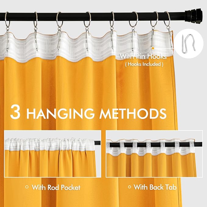 MIULEE Yellow Back Tab Blackout Curtains 72 Inches Long 2 Panels Set for Living Room Bedroom Privacy, Rod Pocket/Pinch Pleat Thermal Insulated Room Darkening Pleated Light Blocking Drapes