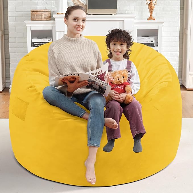 3FT Bean Bag Chair, Comfy Bean Bag Chairs with Memory Foam Filled, Fluffy Beanbag Sofa with Dutch Velvet Cover, Round BeanBag Chairs for Living Room, Playroom - Lemon