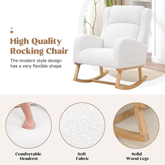 Rocking Chair Nursery, Nursing Rocking Chairs for Mom Nursery, Comfy Wingback Glider Rocking Armchair with Side Pocket for Nursery Living Room Bedroom, Teddy White