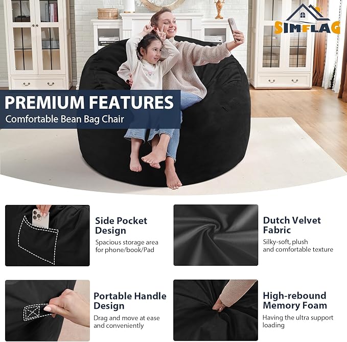 3FT Bean Bag Chair, Comfy Bean Bag Chairs with Memory Foam Filled, Fluffy Beanbag Sofa with Dutch Velvet Cover, Round BeanBag Chairs for Living Room, Playroom - Black