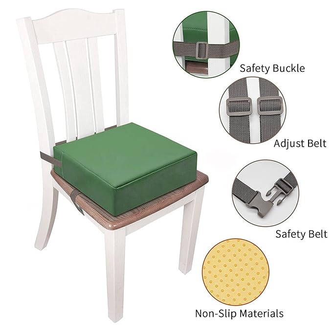 Toddler Booster Seat for Dining Table, PU Washable Double Safe Straps Non-Slip Bottom Booster Seat Dining Toddler, Portable Travel Increasing Cushion (Dark Green)