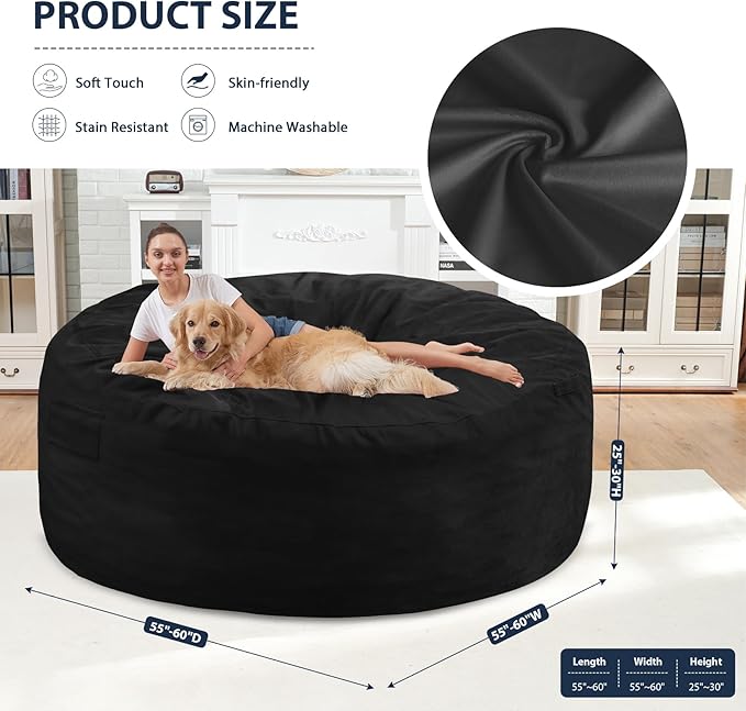 6FT Bean Bag Chair, Large Bean Bag Chairs with Memory Foam Filled, Fluffy Beanbag Sofa with Dutch Velvet Cover, Round BeanBag Chairs for Living Room, Playroom - Black