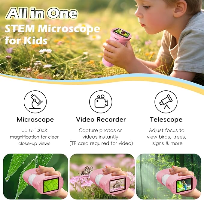 Kids Microscope Digital 1000X Zoom, Mini Pocket Handheld Microscope Portable Travel Toys, HD Photo & Video with 8GB SD Card, Christmas Birthday Gifts for Girls, STEM Toys for Toddlers Age 3-8