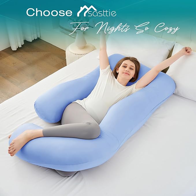 Sasttie Pregnancy Pillows for Sleeping, U Shaped Cooling Full Body Pillow with Removable Cover, Pregnant Women Must Haves, Maternity Essential, Light Blue