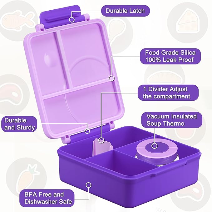 Bento Lunch Box for Kids with 8oz Soup Thermo&Lunch Bag, Leak-Proof Lunch Food Containers with 4 Compartment, Hot Food Insulated Food Jar for Kids School (Purple)