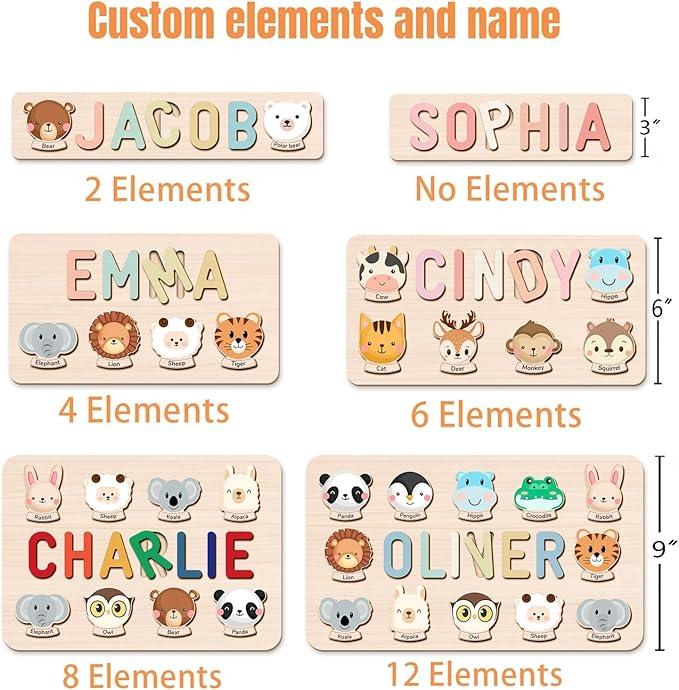 Personalized Name Puzzle for Kids, Personalized Baby Gifts Custom Name Puzzles for Toddlers 1-3 Animal Puzzle, Customized 1st Birthday for Girls & Boys Wooden Puzzle Montessor Toys for Kids