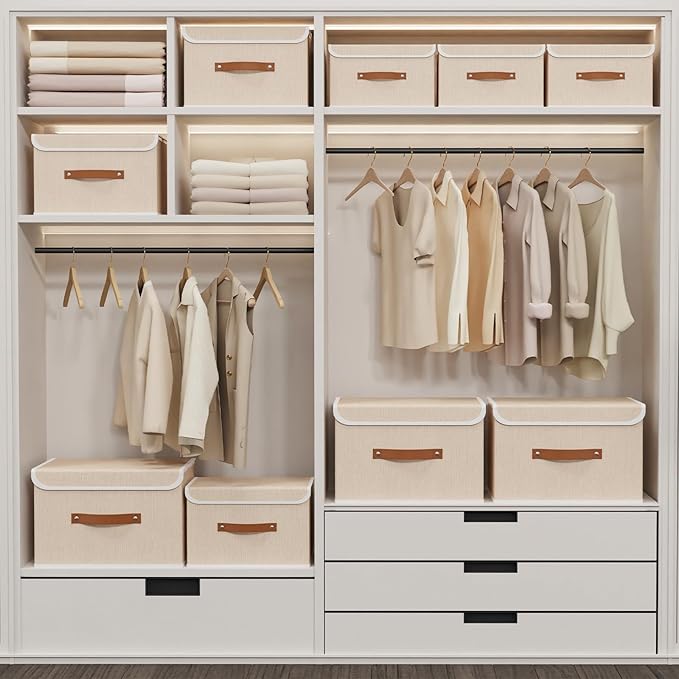 Yawinhe Collapsible Storage Boxes, Linen Fabric Baskets, Bin with lid and Leather Handle, Washable, for Home, Closet, Beige, 17.7''Lx11.8''Wx11.8''H, 5-Pack, USNK024BEX-5