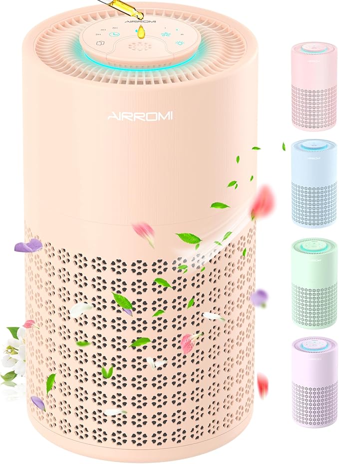 AIRROMI Air Purifier for Bedroom with HEPA 3-in-1 Filter, Pet Air Purifier for Home Cat Pee Smell, Covers Upto 990 Ft², Quiet 360°intake Air Cleaner for pet hair,allergies,Dust,Smoke A2001 Orange