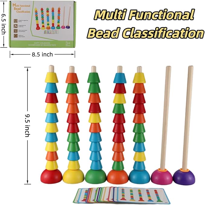 Wooden Stacking Ring Toy Set, Educational Color Pattern Matching Game with Activity Cards, Rainbow Colors，for 3 4 5 Year Old STEM Preschool Learning Montessori Toys Gifts for Kids Boy Girl Toddler