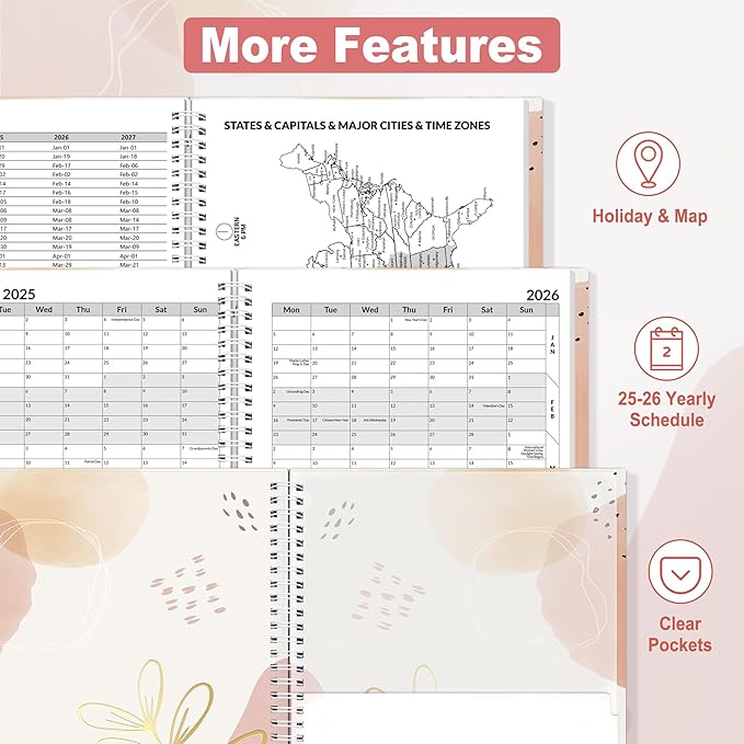 SUNEE Academic Planner 2025-2026 Weekly and Monthly, July 2025-June 2026, 8.5"x11", Tabs, Note Pages, Pockets, Bookmark, Flexible Cover, Spiral Binding, Blushing Abstract Breeze