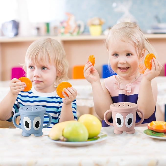 Silicone Snack Cups Food Container for Toddlers and Babies, Spill Proof Training Cup with Snack Cup Lid & Dust Proof Lid, Comes with a toy strap, Without BPA, Lead, or Phthalates (Pink)