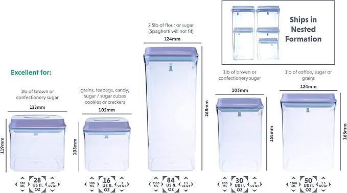 BopTop (5pc Set) Airtight Food Storage Container – Mechanical Silicone Seal Canister - BPA-Free Stackable - 2.5Qt/1.5Qt/.9Qt/.85Qt/.5Qt