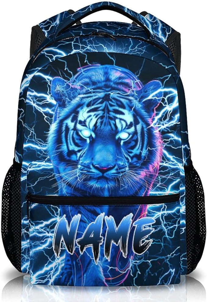 Boys School Backpack, Personalized Tiger Backpacks with Name for Kids Kindergarten Primary Senior Middle, 17 Inch Durable Personalized Cool Lightning Bookbag for School
