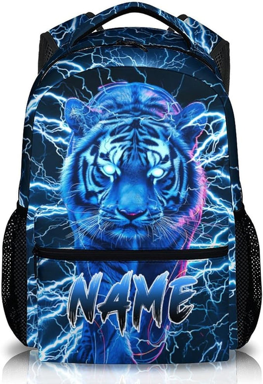 Boys School Backpack, Personalized Tiger Backpacks with Name for Kids Kindergarten Primary Senior Middle, 17 Inch Durable Personalized Cool Lightning Bookbag for School