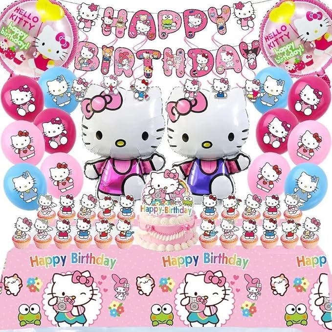 49Pcs - Kitty Birthday Party Decorations Set, Pink Theme with Banner, Balloons, Tablecloth, Cake Toppers.